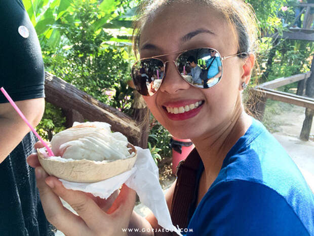Coconut-flavored ice cream topped with real coconut meat, served in a coconut shell.