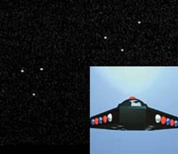 Таинственные треугольники в небе над Австралией. Справа - реконструкция «американского» треугольного НЛО.