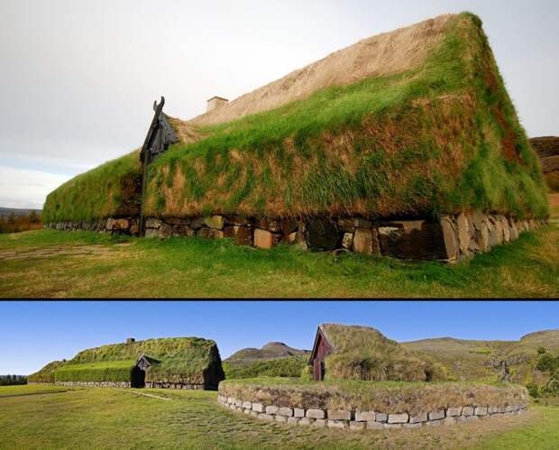 Реконструированный дом и часовня викингов. зелёные крыши, экологичный дом