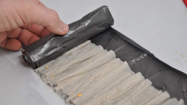 Бумагу с пленкой и семенами скатывают в рулон