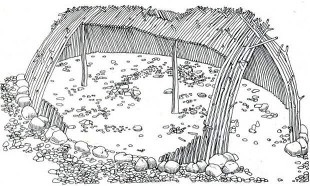 Реконструкция овальной хижины из Терра-Амата. Источник: Lumley H. de. A Paleolithic Camp at Nice // Scientific American 220 (1969), p. 43.