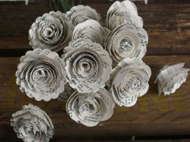 Mini 1" spiral roses from vintage atlas book index pages 12 paper flowers on stems
