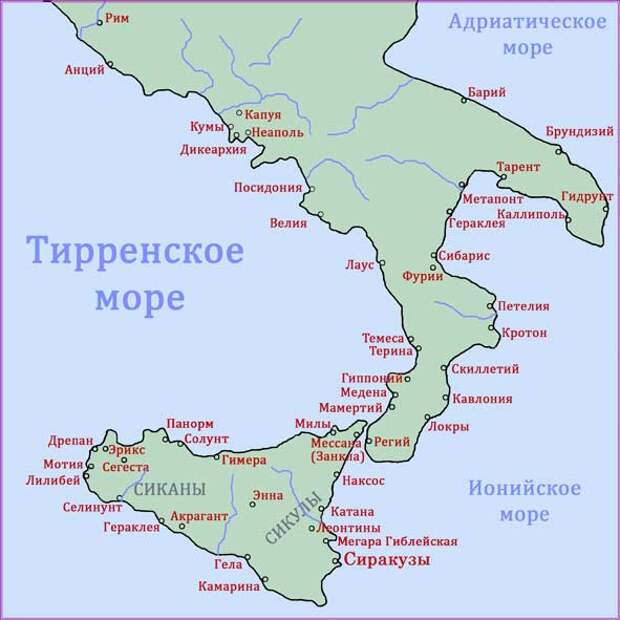 Греческие колонии Италии и Сицилии. Карта