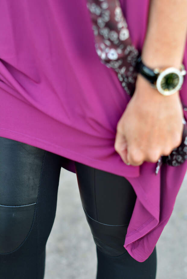 Magenta cocoon dress, leather leggings, red tote | Not Dressed As Lamb