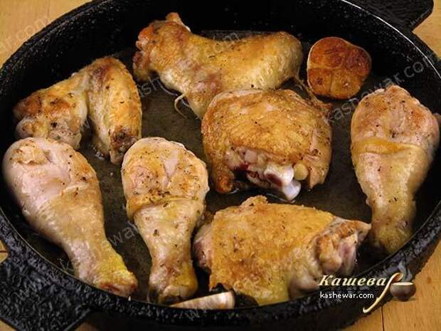 Обжаривание кусочков курицы на сковороде