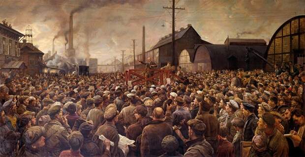 Выступление В. И. Ленина на митинге рабочих Путиловского завода в мае 1917 года (художник Исаак Бродский).