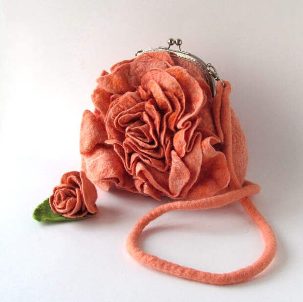 Felted handbag flower Orange coral rose flower