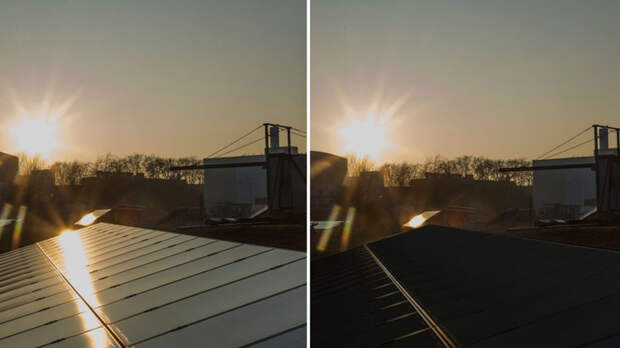 Слева — обычная солнечная панль, справа — панель, покрытая новой антибликовой плёнкой. Источник изображения: Andrea Fabry; Editing by Phytonics