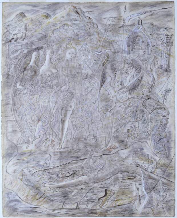 Illustration to the Arthurian Legend: The Four Queens Find Launcelot Sleeping 1941 by David Jones 1895-1974 Illustration to the Arthurian Legend: The Four Queens Find Launcelot Sleeping 1941 by David Jones 1895-1974