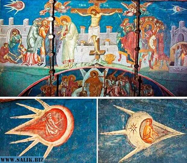 На фреске XIV века в православном монастыре Высоки-Дечани в Косове изображены *ангелы* в странных аппаратах.