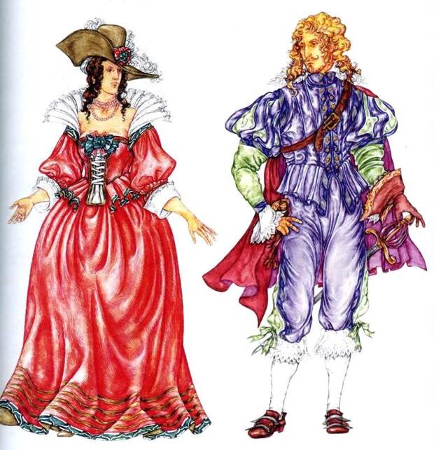 женский и мужской костюм Франции 17 века