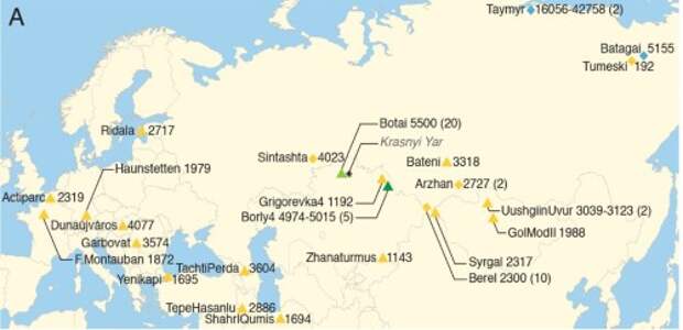 Географическое положение изученных образцов ДНК лошадей и датировками. В скобках указано число геномов. Треугольниками обозначены образцы, изученные в данной работе, ромбиками – опубликованные данные. Голубой цвет – дикие древние лошади; светло- и ярко-зеленые – древние одомашненные лошади (Ботай и Борли); желтые – одомашненные лошади второй волны. new-1