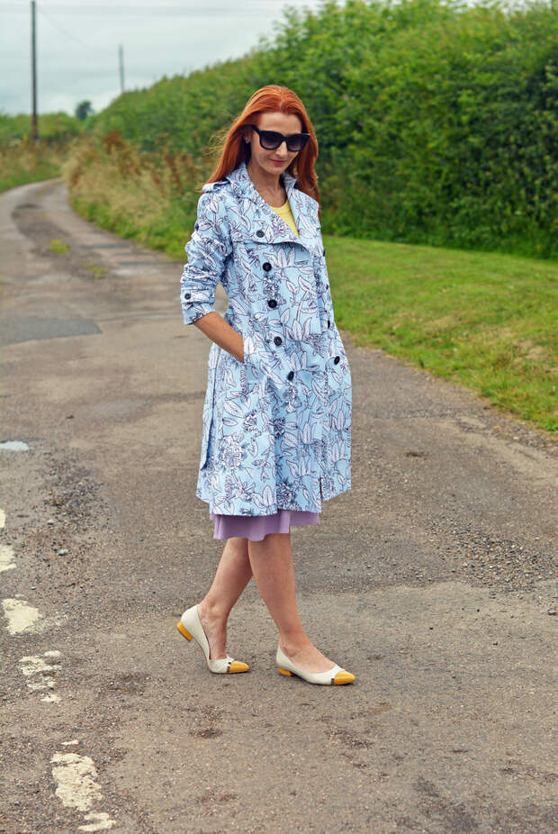 Not Dressed As Lamb | Blue floral trench, purple flare midi skirt, pointed flats
