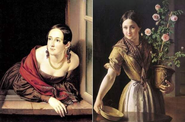 В. Тропинин. Слева – Женщина в окне (Казначейша), 1841. Справа – Девушка с горшком роз, 1850 В. Тропинин. Слева – Женщина в окне (Казначейша), 1841. Справа – Девушка с горшком роз, 1850