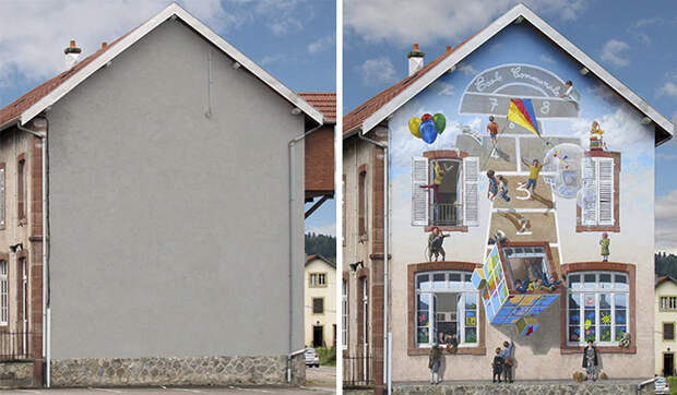 Французский художник украсил скучные стены города яркими сценами, полными жизни