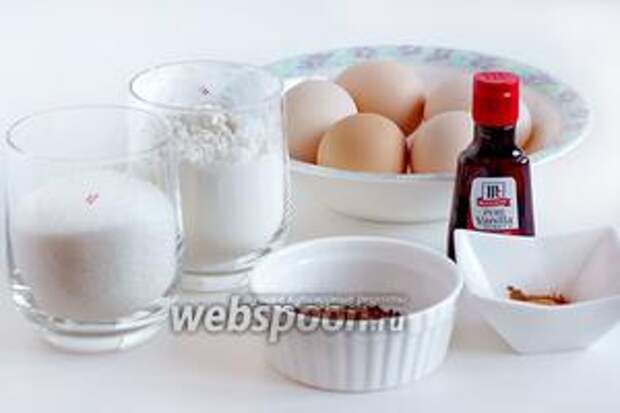 Для приготовления бисквита возьмём куриные яйца, муку, сахар, кофе, корицу, ванильную эссенцию.