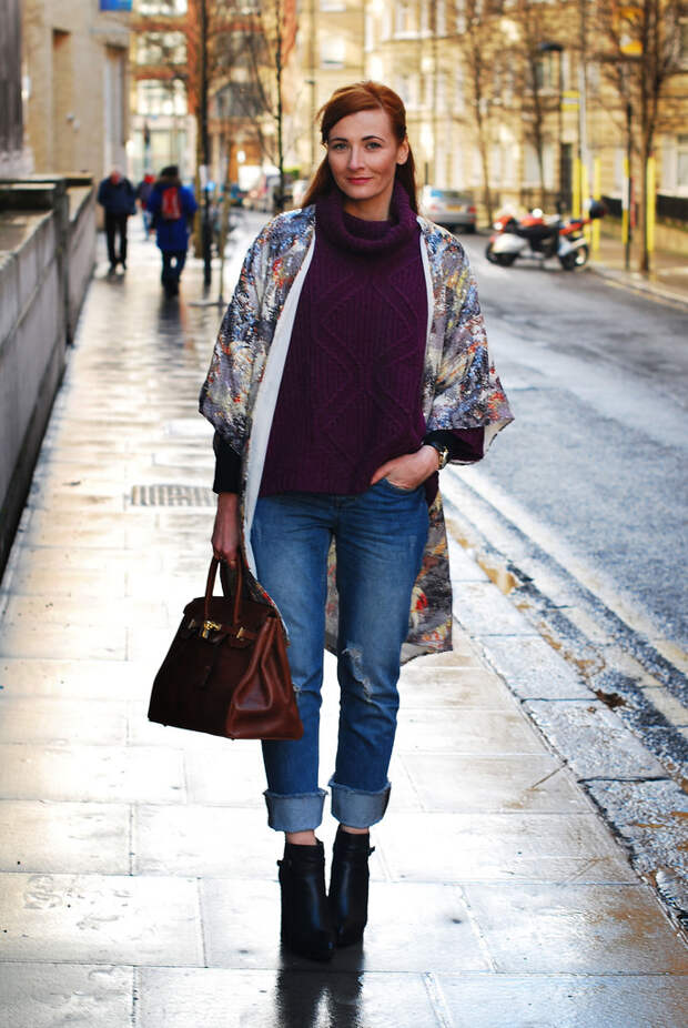 Sequinned kimono, purple cowl neck sweater & distressed denim