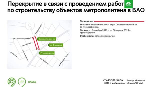 В Москве с 12 декабря перекроют участок Сокольнической площади