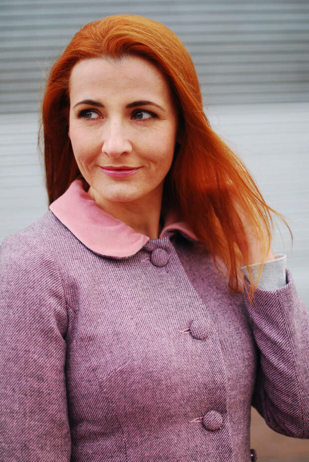 Autumn/Winter style: Peter Pan collar lavender coat, tan boots, red bag
