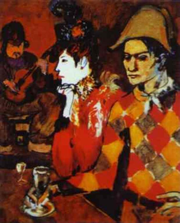 Пабло Пикассо. В кабаре Лапин Агиль или Арлекин с бокалом. 1905 год