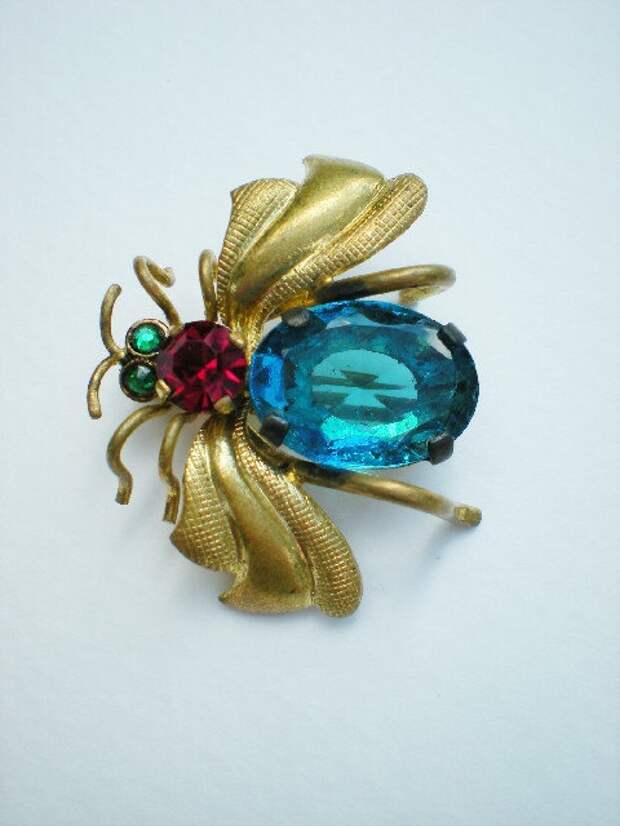 The Bee's Reverie  Queen Bee - antique Czech brooch in emerald, red, and blue