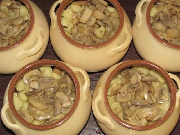 Разложить шампиньоны. пошаговое фото этапа приготовления картошки с мясом в горшочках