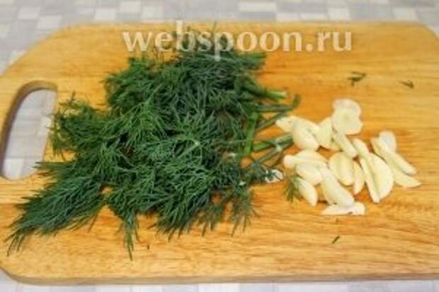 Крупно порезать укроп, очистить и нарезать дольками чеснок.