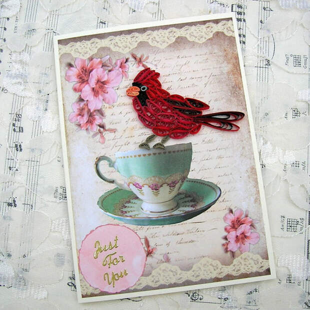 Paper Quilled Red Cardinal BIRD on a Teacup Handmade Greeting Card by Enchanted Quilling on Etsy