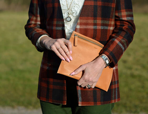 White lace roll neck, plaid jacket, camel leather pouch