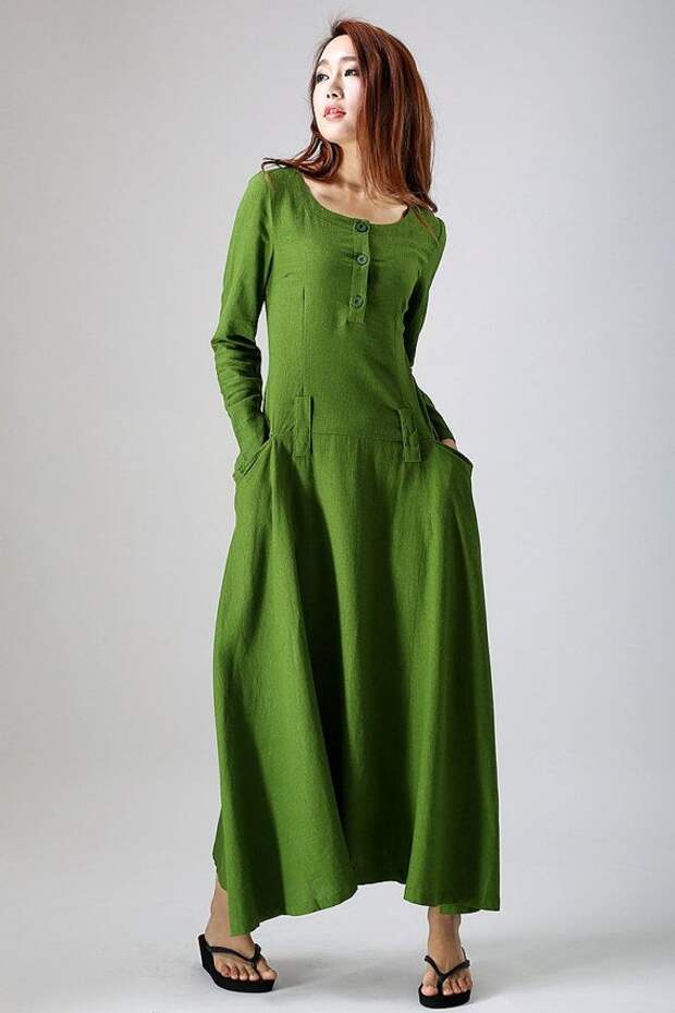 Enjoy life - Maxi dress green linen dress woman's long sleeve dress custom made long dress (784) on Etsy, $99.00