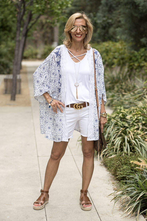 blue and white kimono with lace and embroidery trim