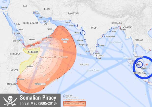 Места нападений сомалийских пиратов в 2005–2010 годах. Карта: Planemad по данным NGA — Maritime Safety Information.