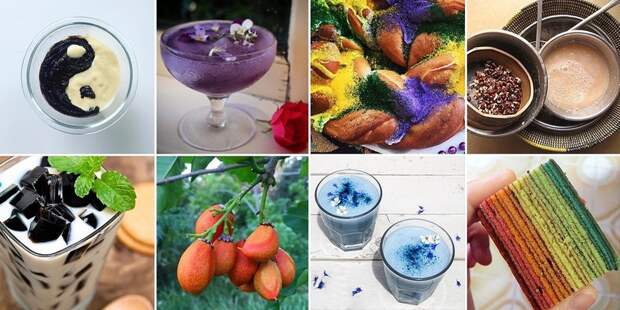 Clockwise from left: Mämmi with vanilla; butterfly pea flower; king cake; bouye; grass jelly; peanut butter fruit; blue-green algae; and lapis legit.