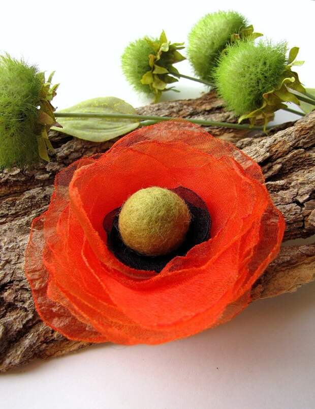 Ручной чистой цветок из органзы брошь - ORANGE МАК