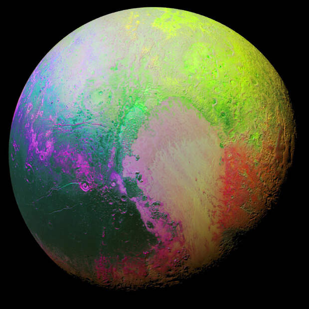 Раскрашенный Плутон, чтобы видеть различия между его регионами
