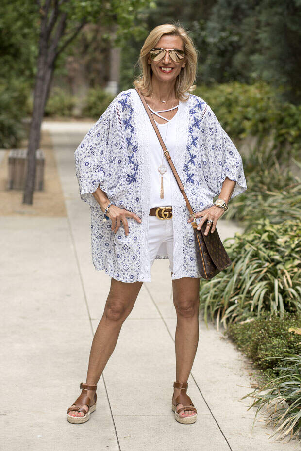 blue and white kimono with lace and embroidery trim