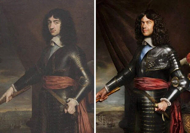 Карл II (слева), 1653 г. и лорд Чарльз Фицрой (справа) в 9-м поколении правнук Карла II.jpg
