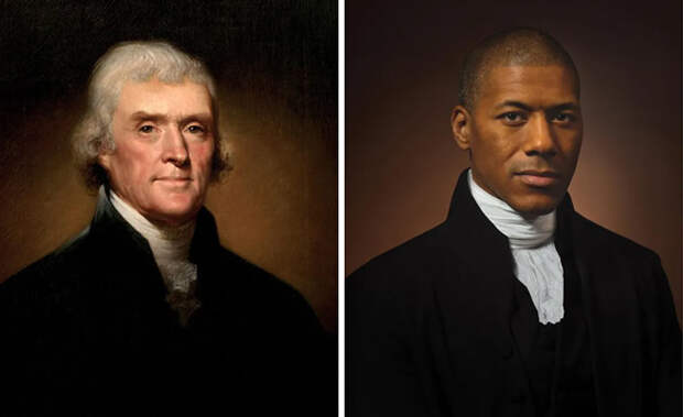 Томас Джефферсон (слева), 1800 г. и Шеннон Ланье (справа) Шестой правнук Томаса Джефферсона.jpg