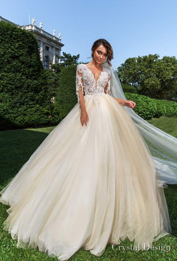 crystal design 2018 long sleeves v neck heavily embellished bodice romantic ivory ball gown wedding dress sheer button back long train (belle) mv
