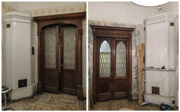 Двустворчатые двери с резьбой и фацетными витражными стеклами и белоглазурованные печи антиквариат, архитектура, история, камины, старый фонд