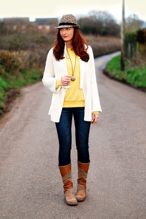White cardi, brown boots & leopard trilby