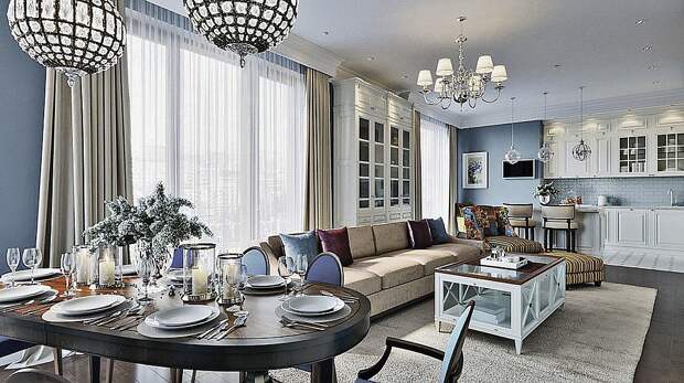 Столовую решили совместить с кухней и гостиной. Это самая большая комната в квартире - 48 кв. метров. ФОТО: estee-design.ru 