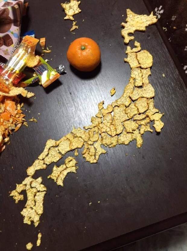 7. Карта Японии из кожуры мандаринки в мире, забавно, карта, карта мира, карты, креатив, подборка, фото