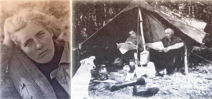 Лариса Анатольевна Попугаева с лаборантом Ф. А. Беликовым. Полевой сезон 1954 г.