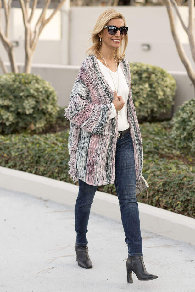 womens pink gray black cardigan with fringe detail