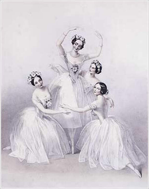 Шарлотта Гризи, М. Тальони, Люсиль Гран и Фанни Черрито на литографии Шалон, Лондон, 1845 г.