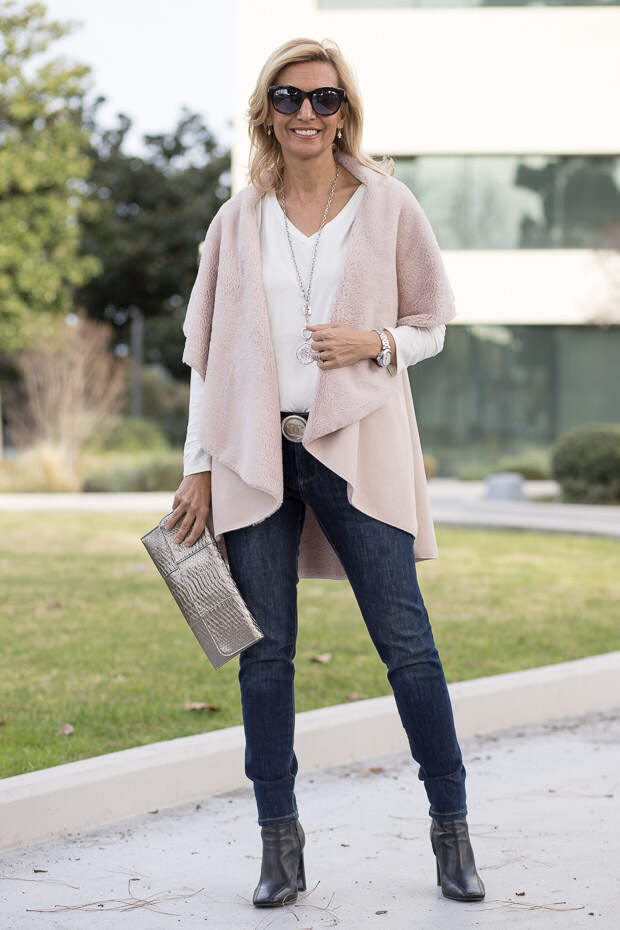 Blush Faux Suede and shearling cape vest for women