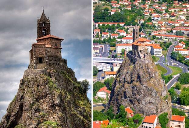 Часовня Saint-Michel d'Aiguilhe возвышается над старинным городком, откуда начинается маршрут паломников по святым местам (Ле-Пюи-ан-Веле, Франция).