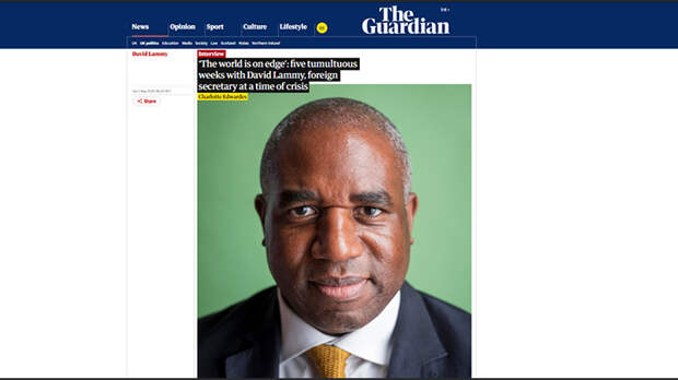 Глава МИД Великобритании Дэвид Лэмми в пространном интервью газете The Guardian признал, что конфликт на Украине вряд ли будет урегулирован в течение года. Скриншот страницы сайта издания Глава МИД Великобритании Дэвид Лэмми в пространном интервью газете The Guardian признал, что конфликт на Украине вряд ли будет урегулирован в течение года. Скриншот страницы сайта издания