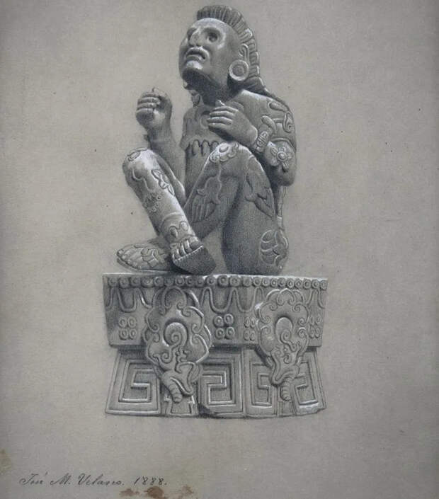 Рисунок статуи Сочипилли работы Хосе Марии Веласко, датированный 1888 годом Рисунок статуи Сочипилли работы Хосе Марии Веласко, датированный 1888 годом